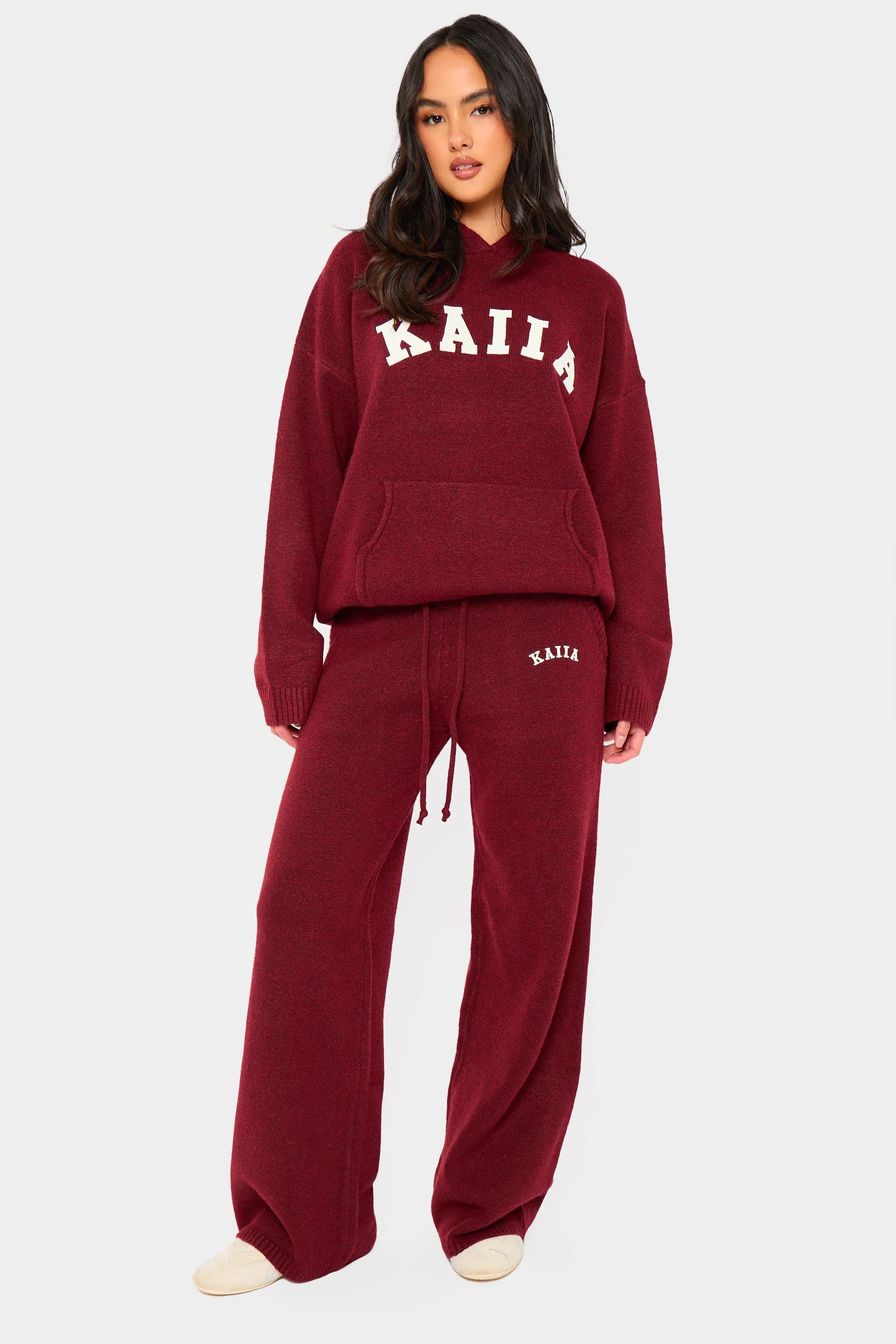 Kaiia Kaiia Knit Wide Leg Trousers Burgundy