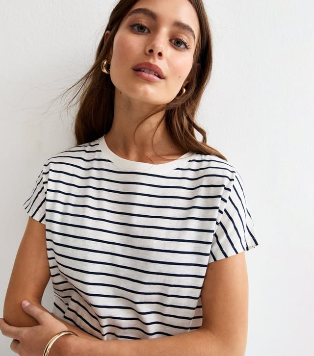 New Look Women's Navy Cotton Striped Grown On Sleeve T-Shirt New Look - 2