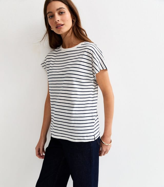 New Look Women's Navy Cotton Striped Grown On Sleeve T-Shirt New Look - 3