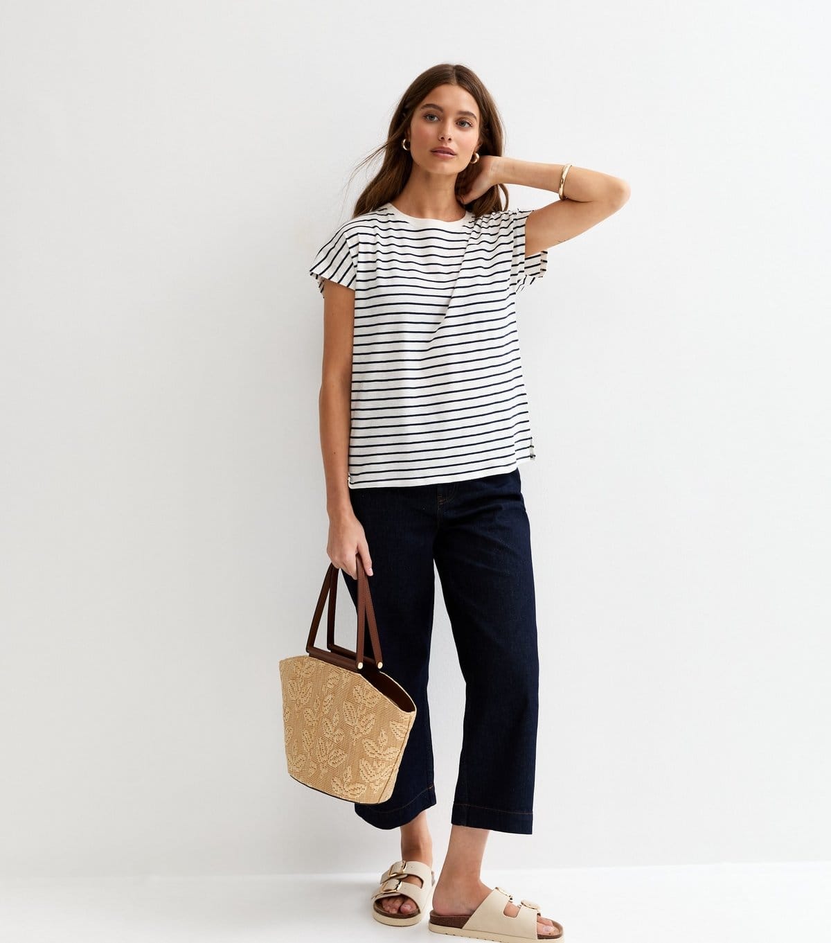 New Look Women's Navy Cotton Striped Grown On Sleeve T-Shirt New Look - 4