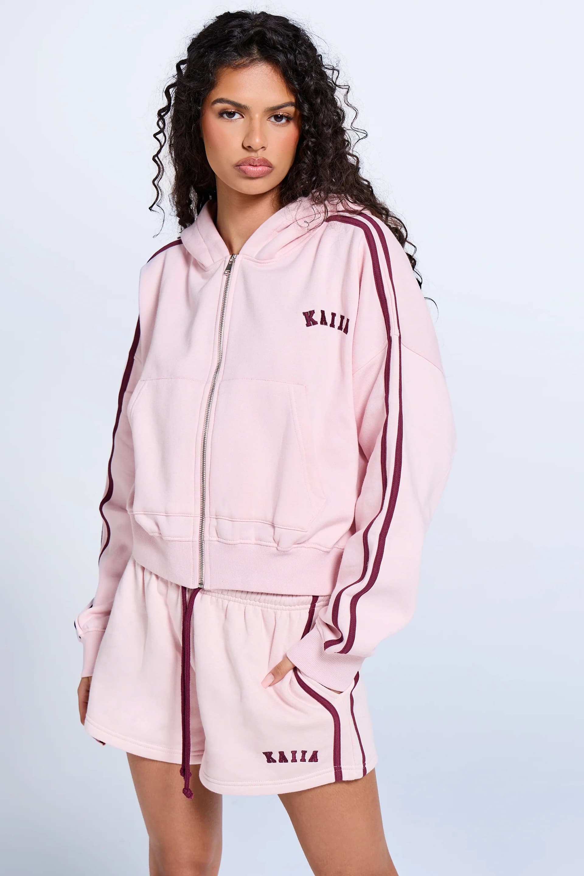 Kaiia Kaiia Sport Side Stripe Oversized Zip Through Hoodie Pink Chai & Burgundy
