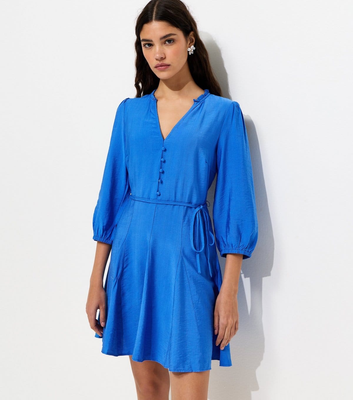 Women's Bright Blue Godet Skirt Belted Mini Shirt Dress New Look