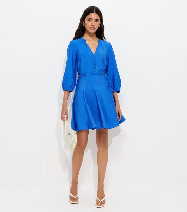 New Look Women's Bright Blue Godet Skirt Belted Mini Shirt Dress New Look - 3