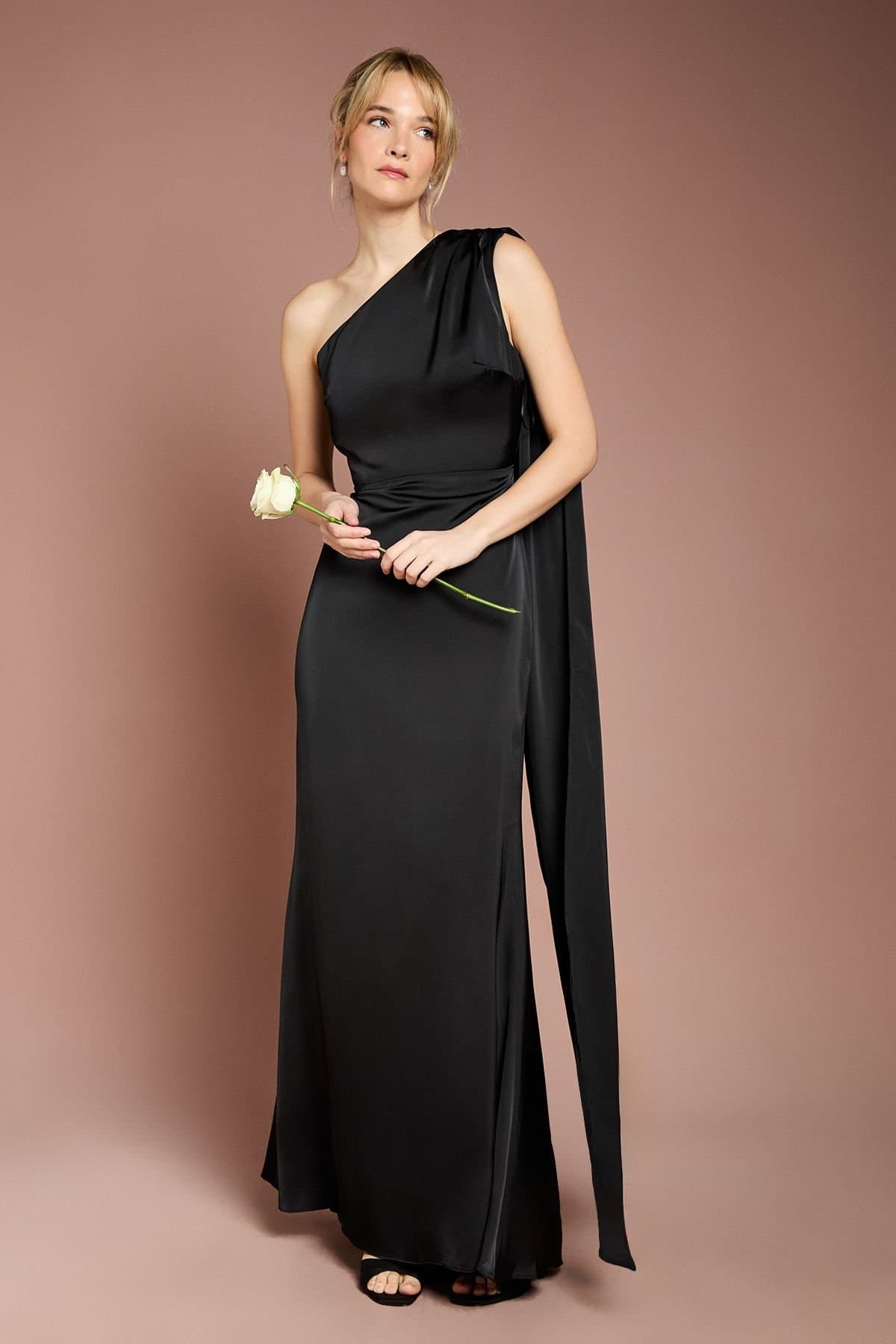Coast Coast Women's Honoured Drape One Shoulder Satin Maxi Bridesmaid Dress in Black