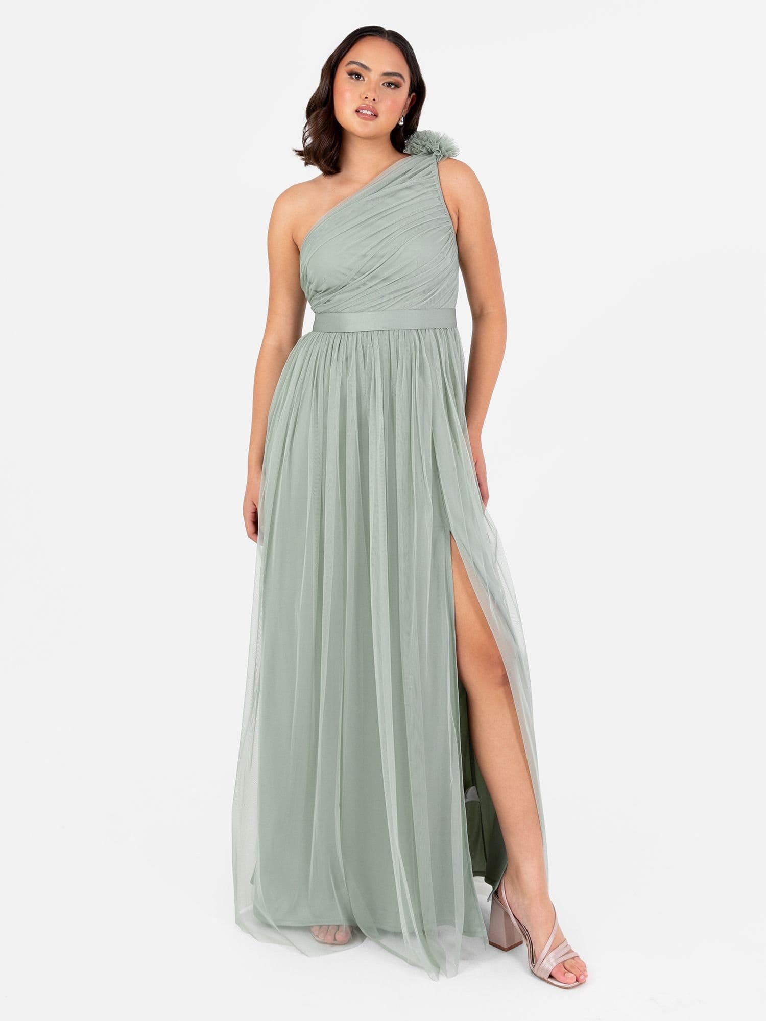 Anaya With Love Green Satin One Ruffle Shoulder Maxi Dress