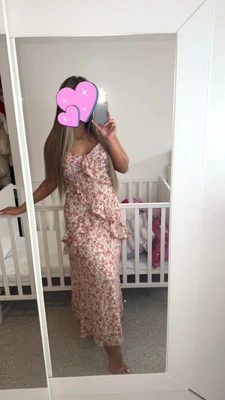 New Look Pink floral print ruffle trim midi dress