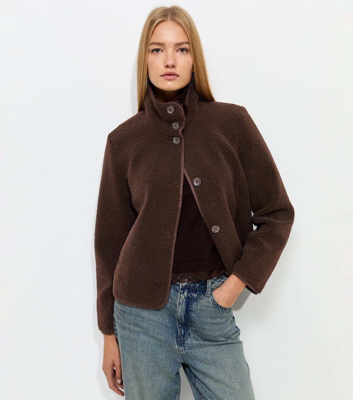 New Look Women's Dark Brown Funnel Neck Borg Textured Buttoned Jacket New Look
