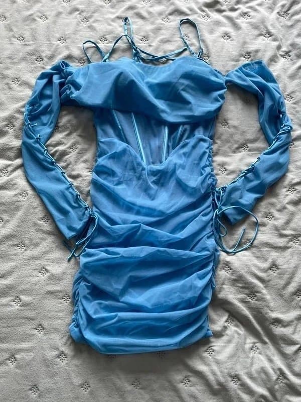 Oh Polly Oh Polly Blue Mesh Corset Mini Dress With Sleeves Size 8