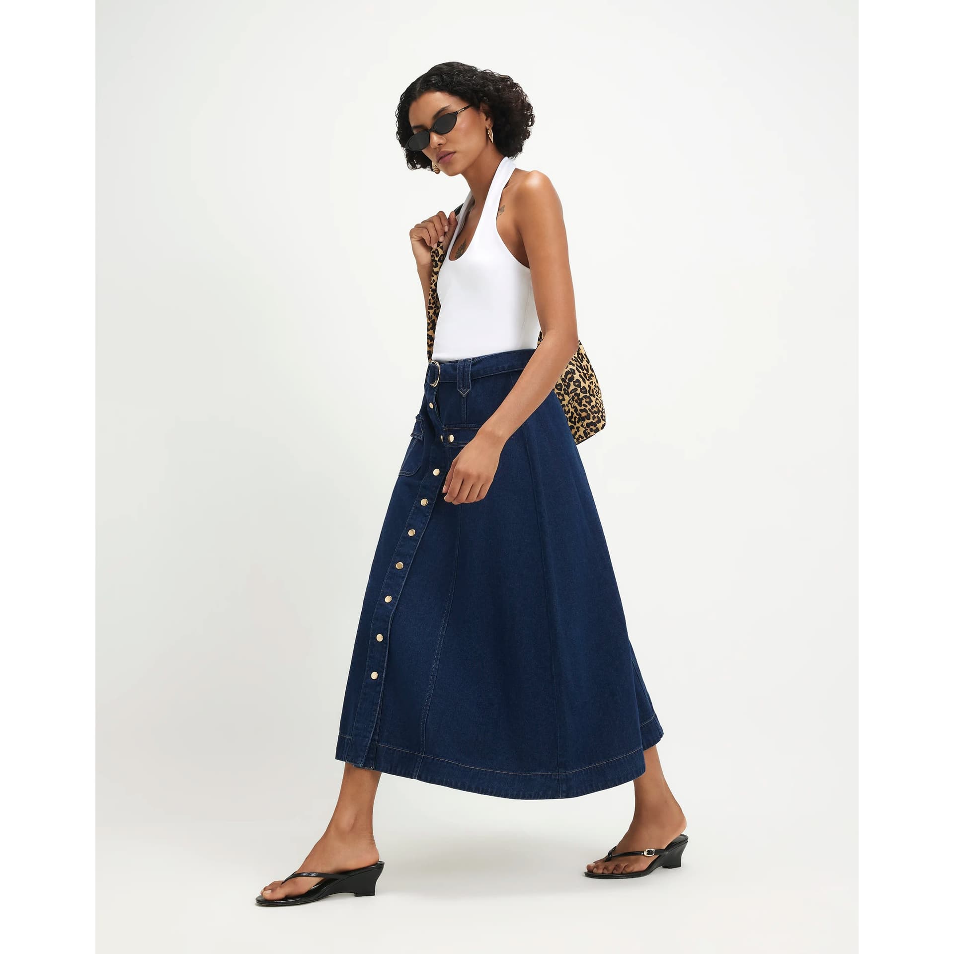 River Island River Island Womens Blue Belted Pocket Denim Midi Skirt