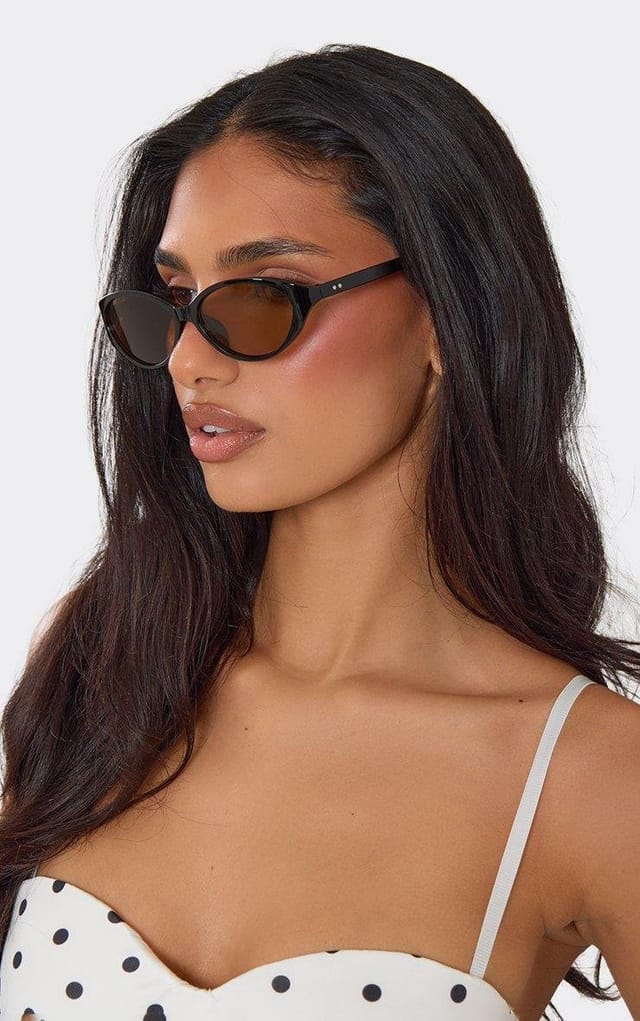 EGO Thin Frame Green Tinted Lense Oval Shaped Sunglasses In Black, Women's Size UK 0 - 2