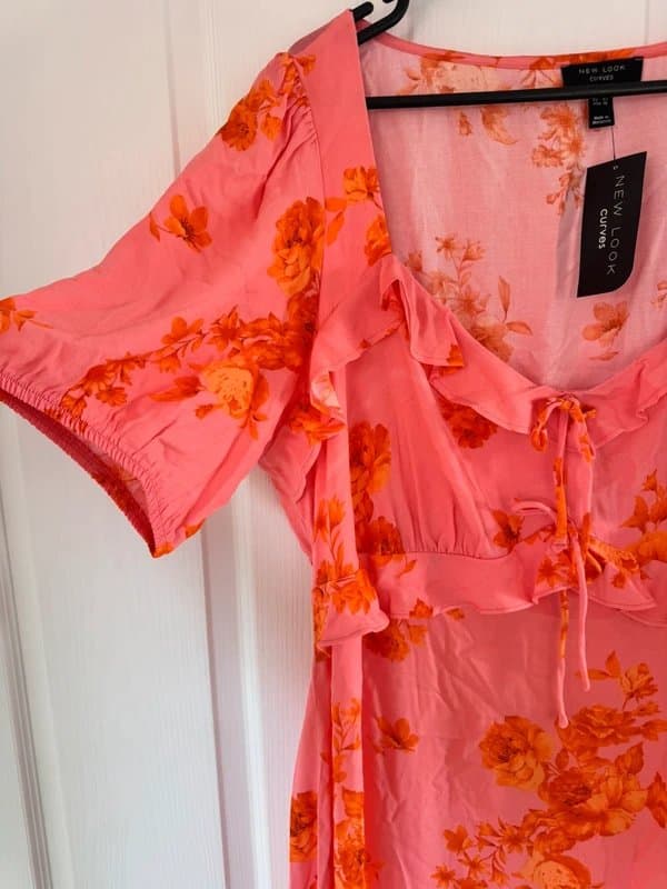 New Look New Look Curves Pink Orange Floral Midi Dress UK 22 BNWT Summer