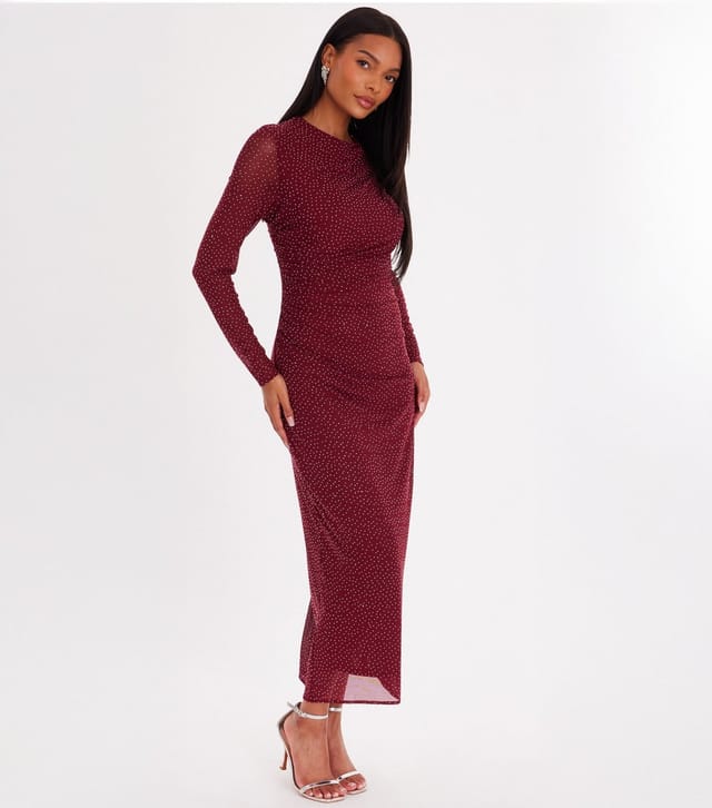 Quiz Women's Dark Red Mesh Rhinestone Midaxi Dress Quiz New Look - 2