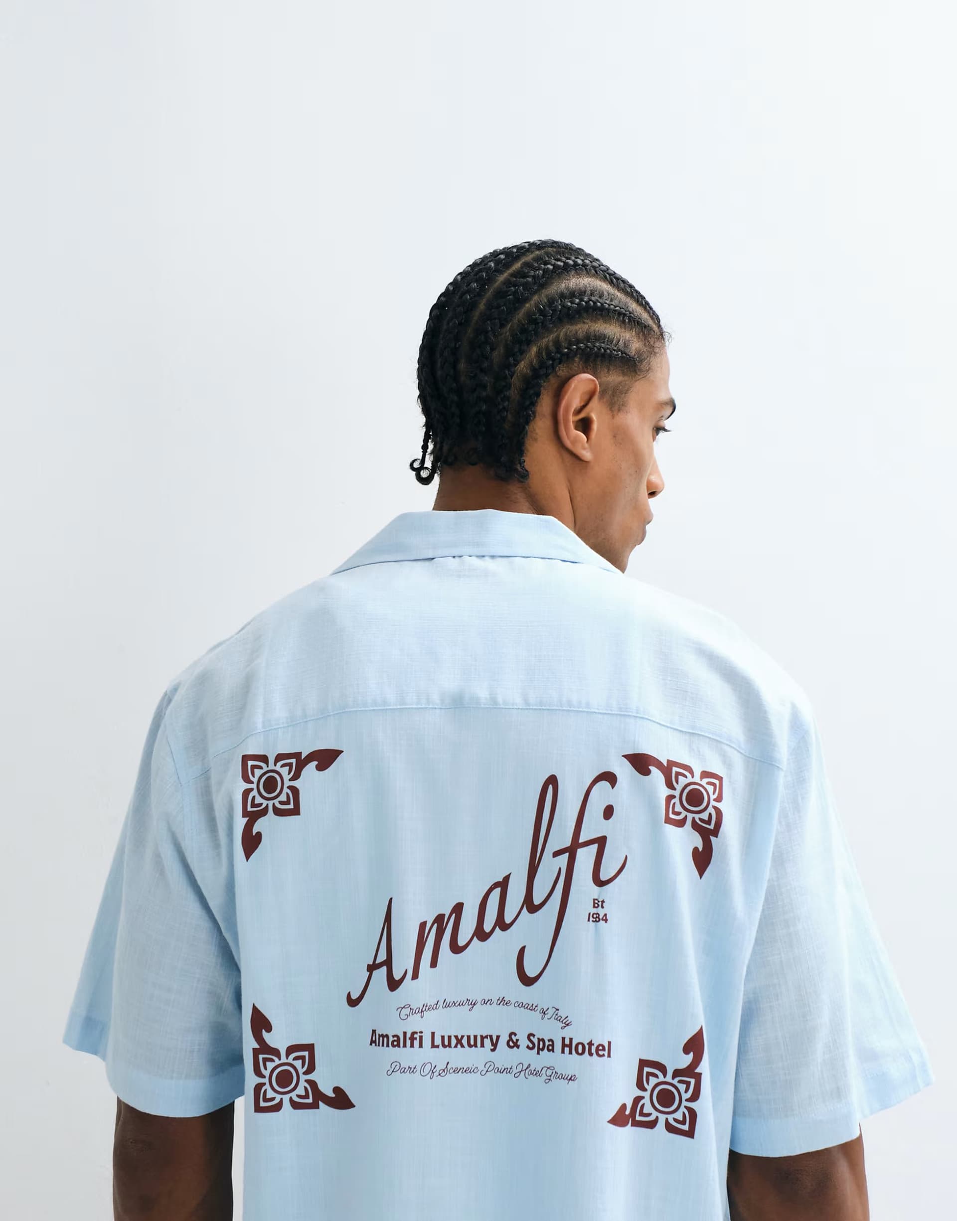 ASOS ASOS DESIGN boxy oversized amalfi back print shirt in blue