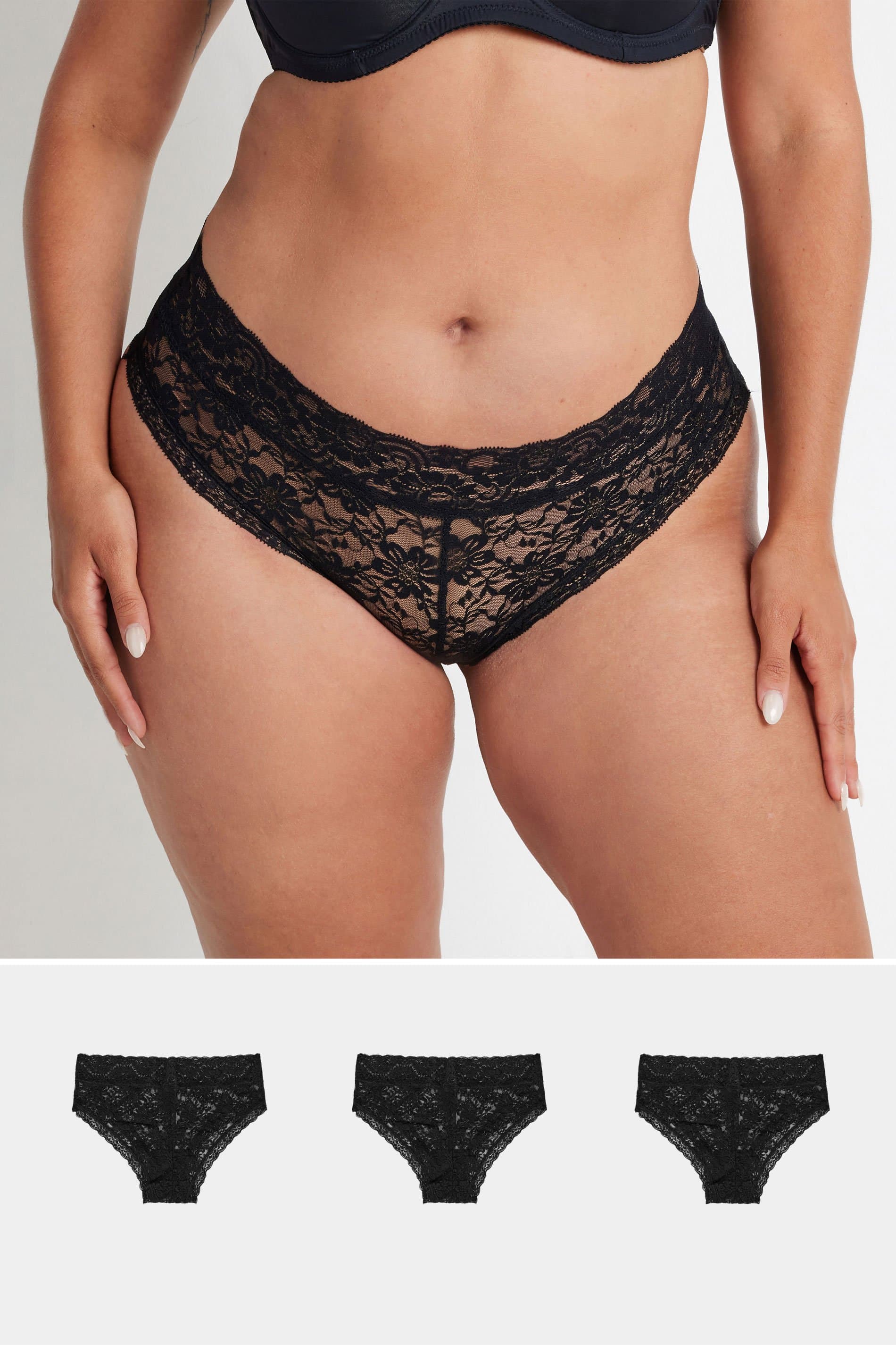 Yours 3 Pack Curve Black Lace Brazilian Briefs