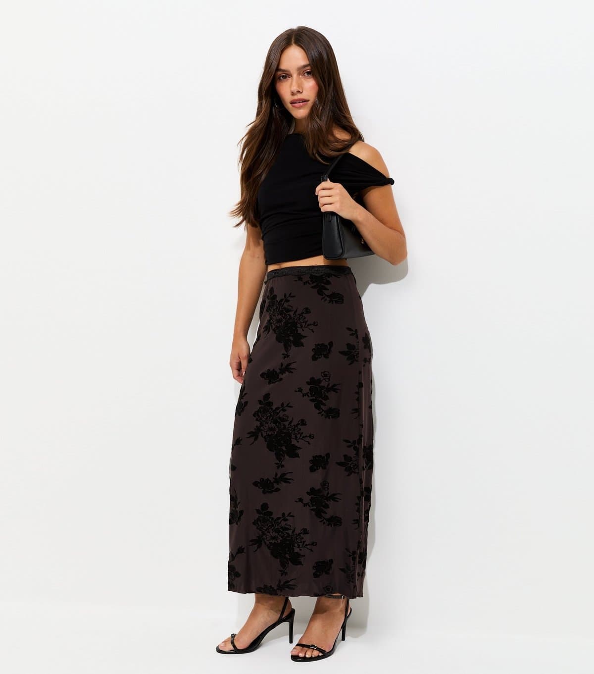 New Look Women's Petite Black Flocked Lace Mesh Midi Skirt New Look