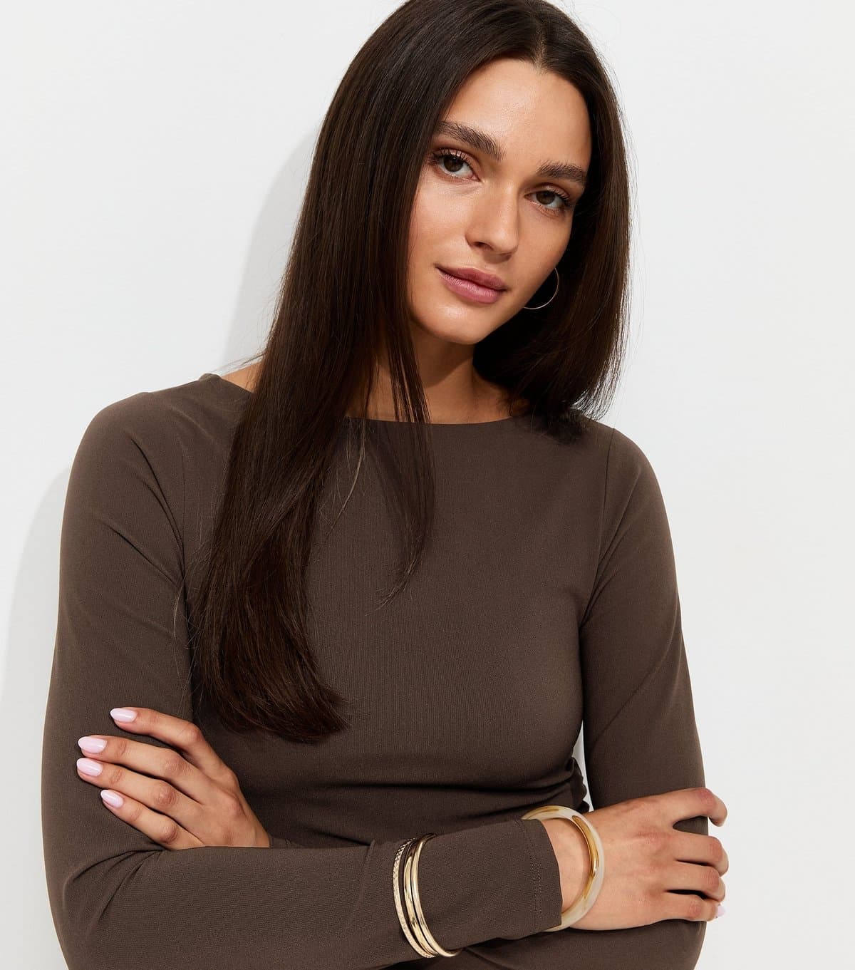 New Look Women's Dark Brown Jersey Long Sleeve Ruched Top New Look