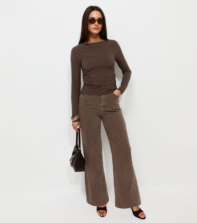New Look Women's Dark Brown Jersey Long Sleeve Ruched Top New Look - 2