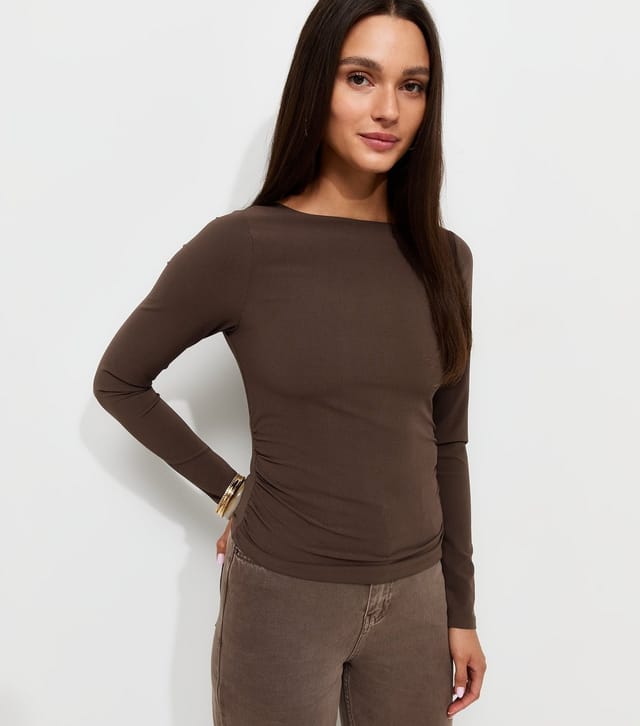 New Look Women's Dark Brown Jersey Long Sleeve Ruched Top New Look - 3