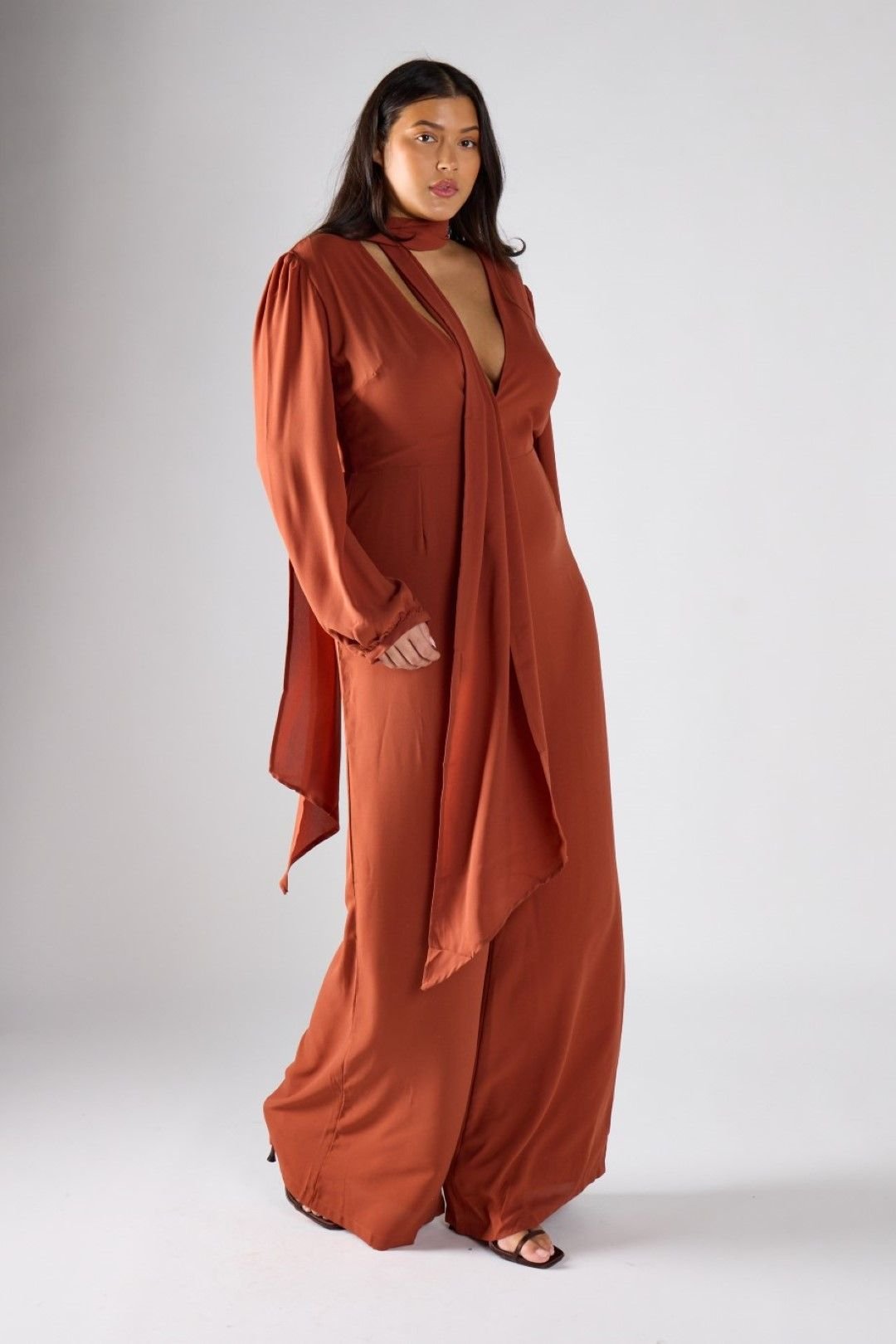 Shnoo Shnoo Women's Long Sleeved Wide-Leg Jumpsuit in Copper - 4