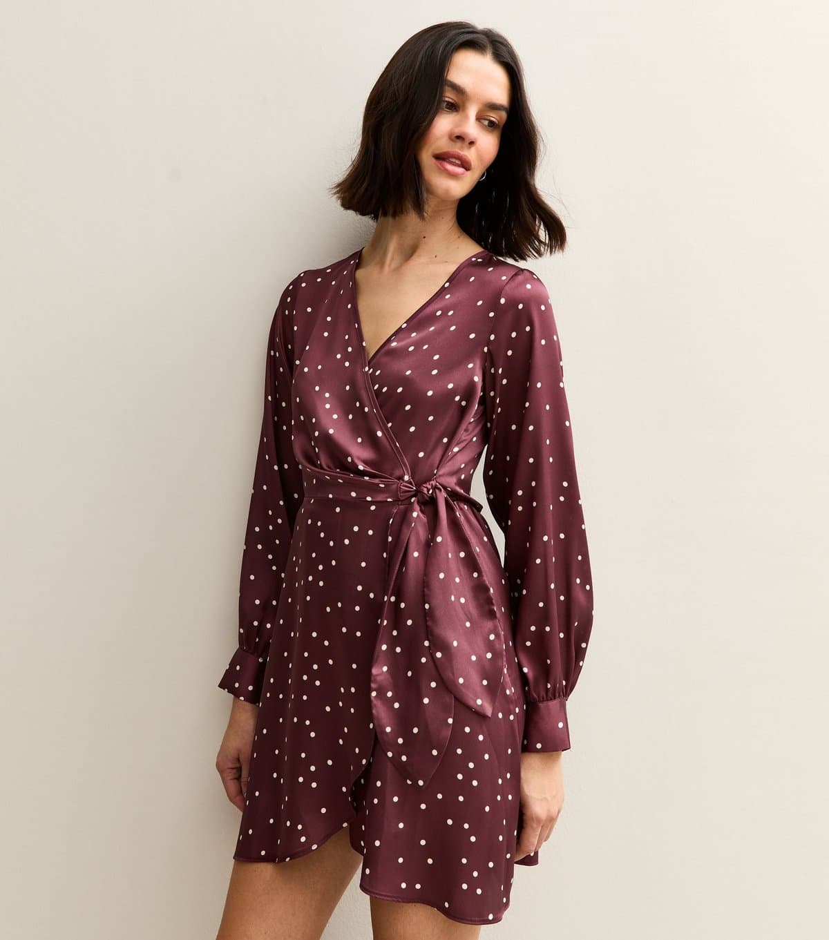 New Look Women's Red Spot Print Satin Wrap Mini Dress New Look