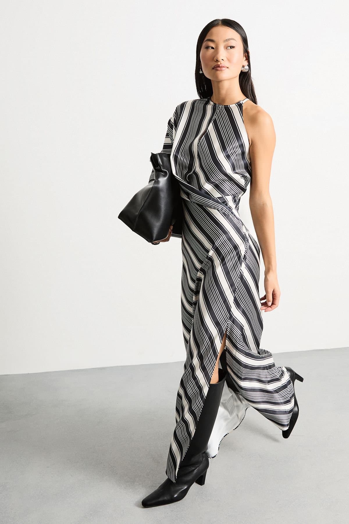 Warehouse Warehouse Women's Petite Printed One Shoulder Twist Front Keyhole Satin Maxi Dress in Stripe