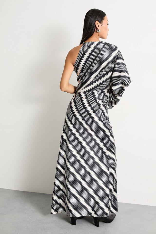 Warehouse Warehouse Women's Petite Printed One Shoulder Twist Front Keyhole Satin Maxi Dress in Stripe - 3