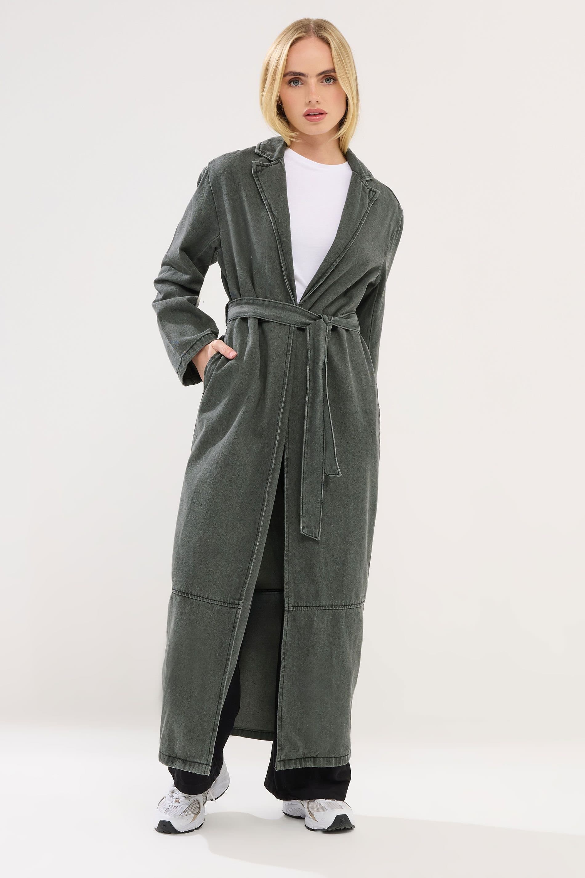 PixieGirl PixieGirl Women's Petite Longline Trench Coat in Dark Grey