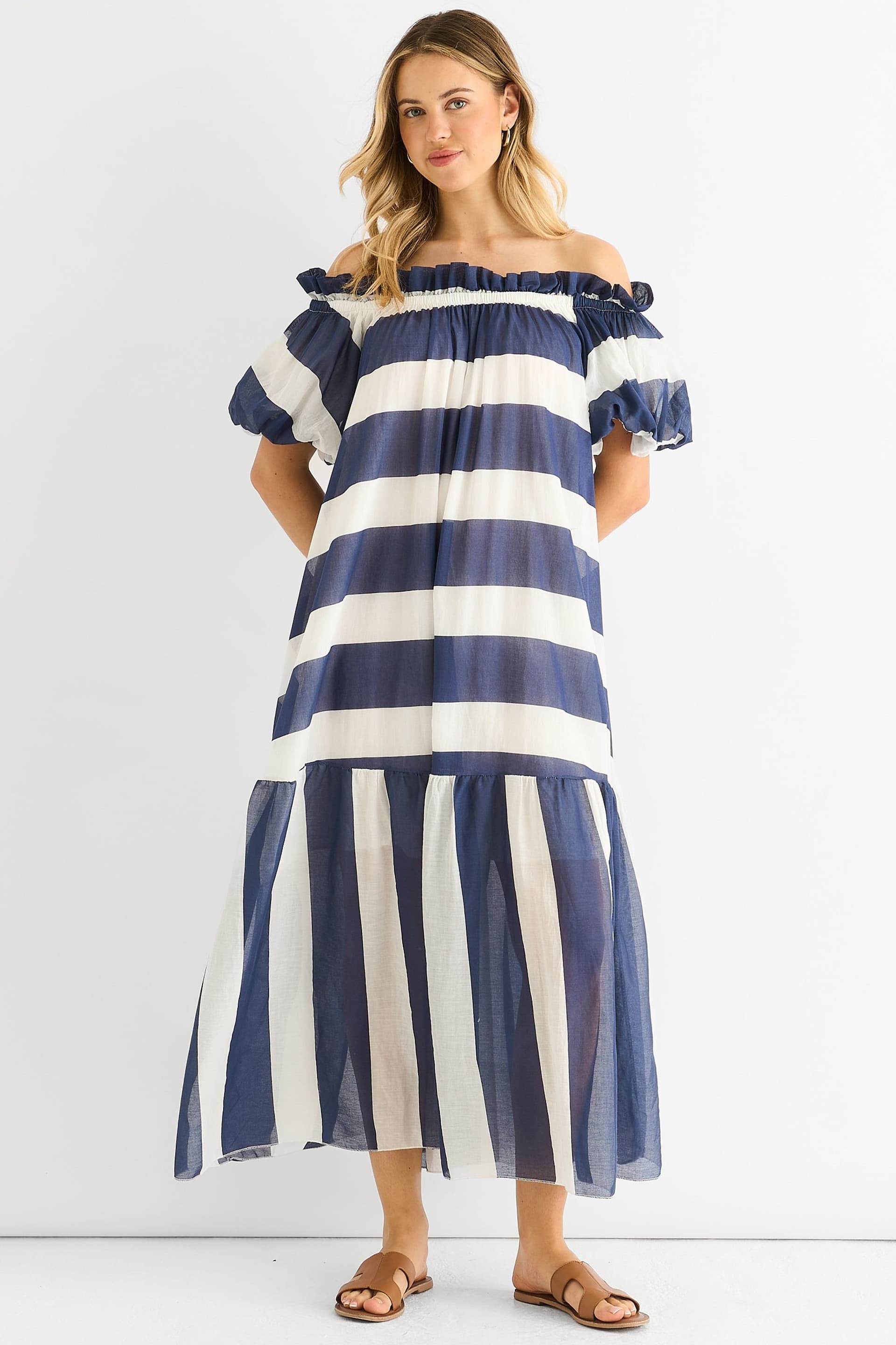 Gini London Gini London Women's Blue Cotton Voil Bardot Stripe Midaxi Dress in Navy