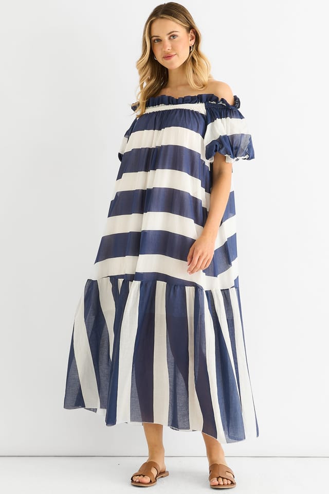 Gini London Gini London Women's Blue Cotton Voil Bardot Stripe Midaxi Dress in Navy - 3