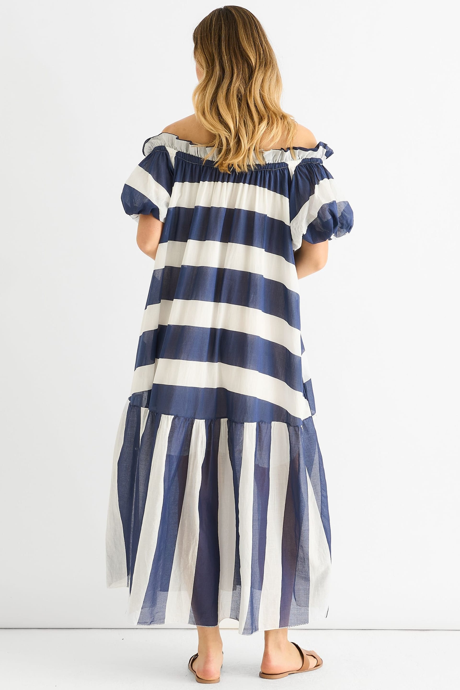 Gini London Gini London Women's Blue Cotton Voil Bardot Stripe Midaxi Dress in Navy - 4