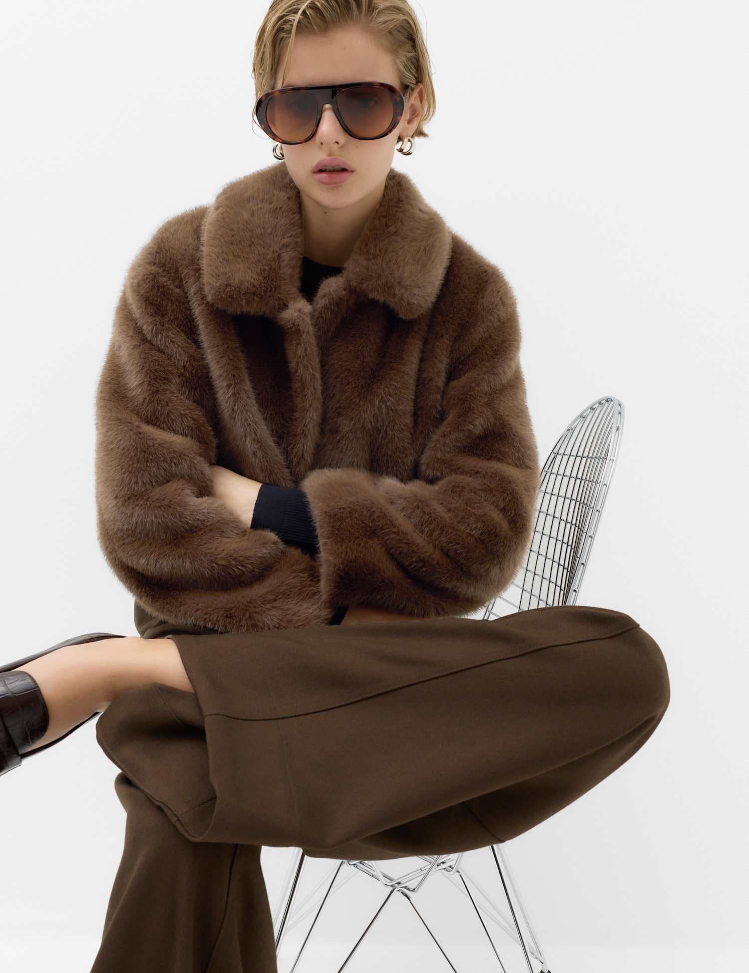Marks & Spencer M&S Faux Fur Collared Short Jacket Brown