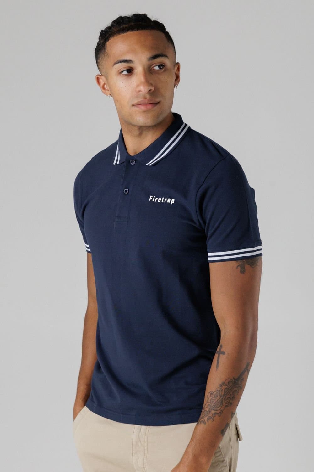 Firetrap Firetrap Men's Regular Fit Cotton Button Polo Shirt with Stripe Detail in Navy