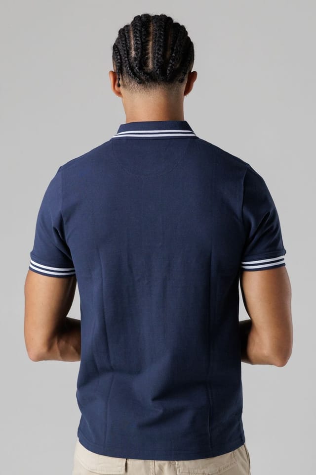 Firetrap Firetrap Men's Regular Fit Cotton Button Polo Shirt with Stripe Detail in Navy - 2