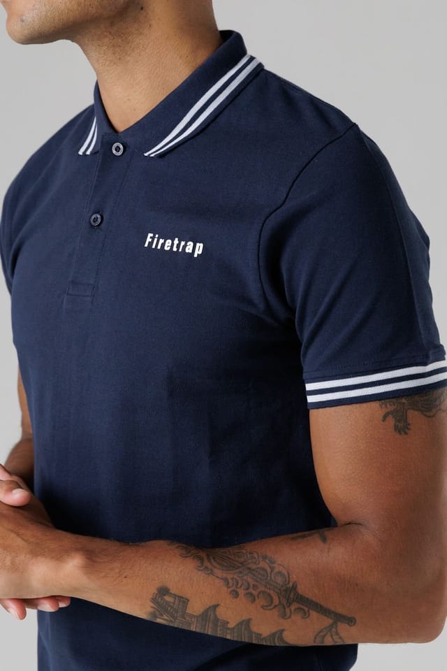 Firetrap Firetrap Men's Regular Fit Cotton Button Polo Shirt with Stripe Detail in Navy - 3