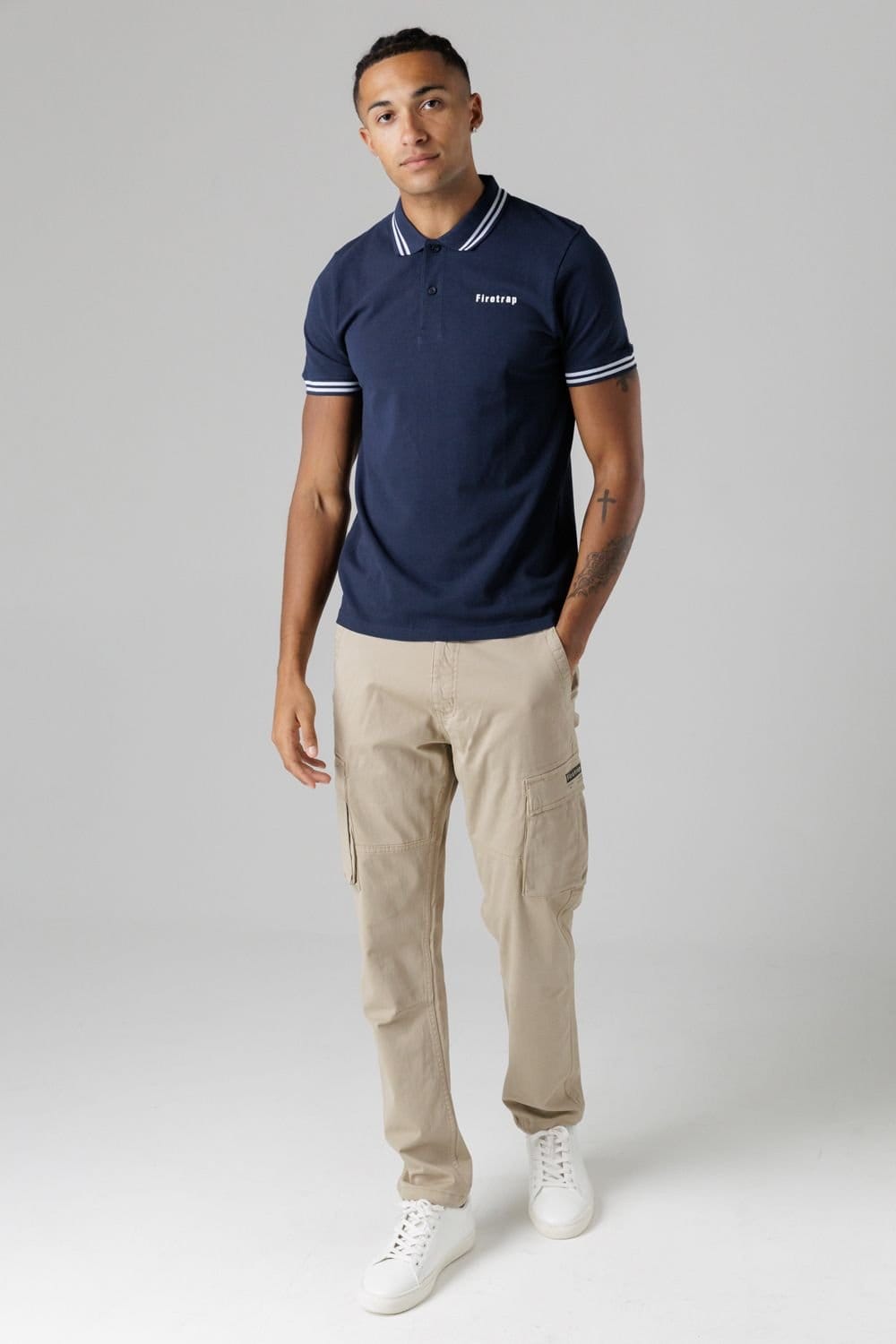 Firetrap Firetrap Men's Regular Fit Cotton Button Polo Shirt with Stripe Detail in Navy - 4