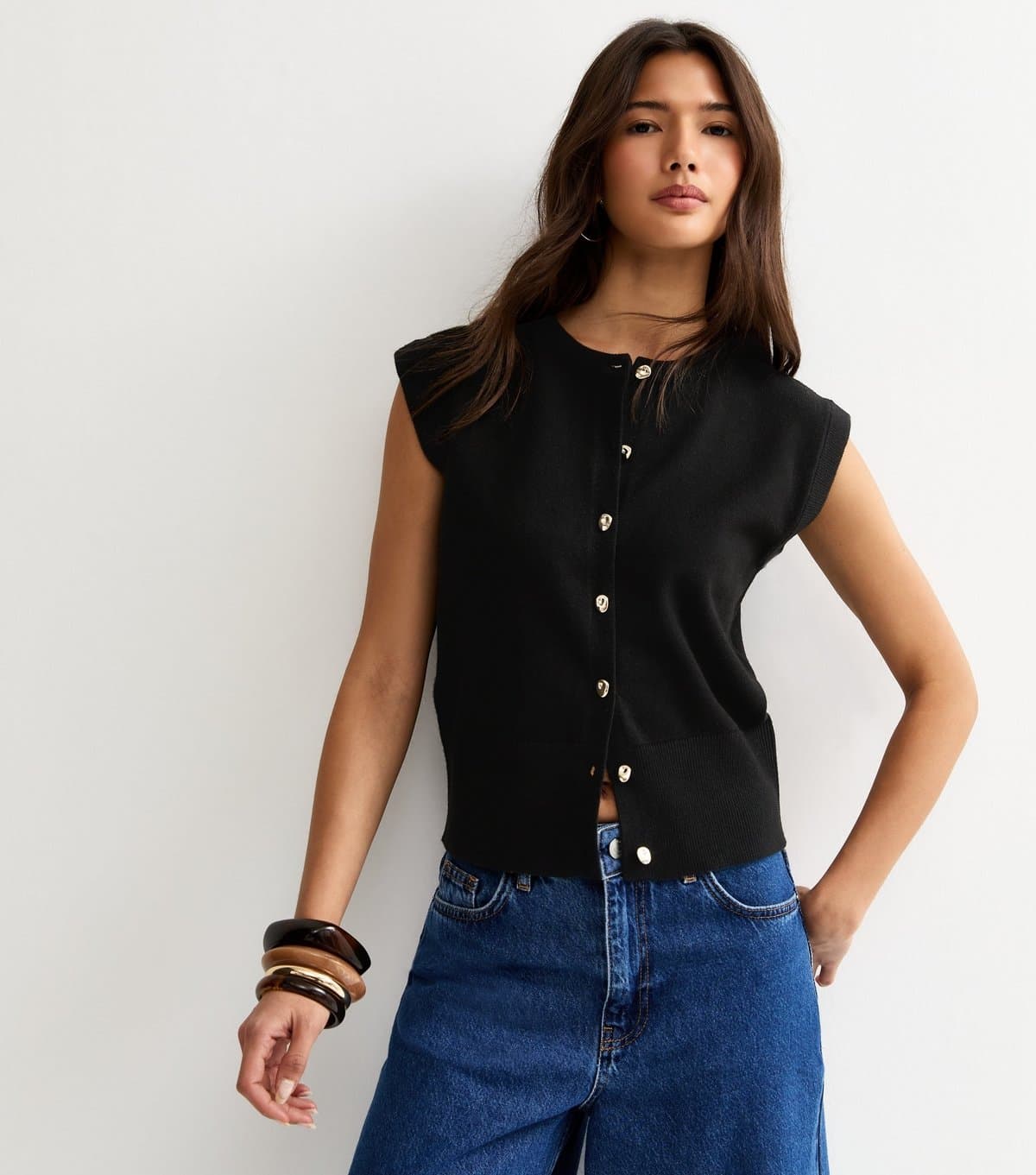 New Look Women's Black Knit Abstract Button Waistcoat New Look