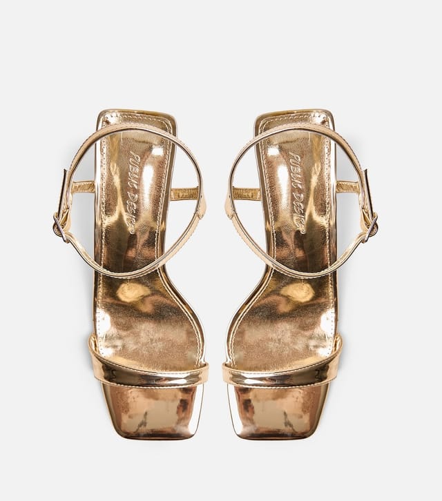 Public Desire Women's Gold Faux Leather Maryse Block Heel Sandals Public Desire New Look - 2