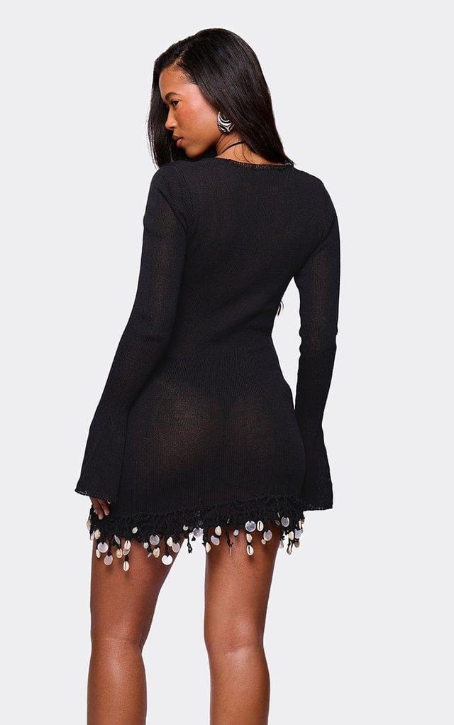 EGO Long Sleeve Beaded Hem Mini Dress In Black Sheer Knit, Women's Size UK L - 2