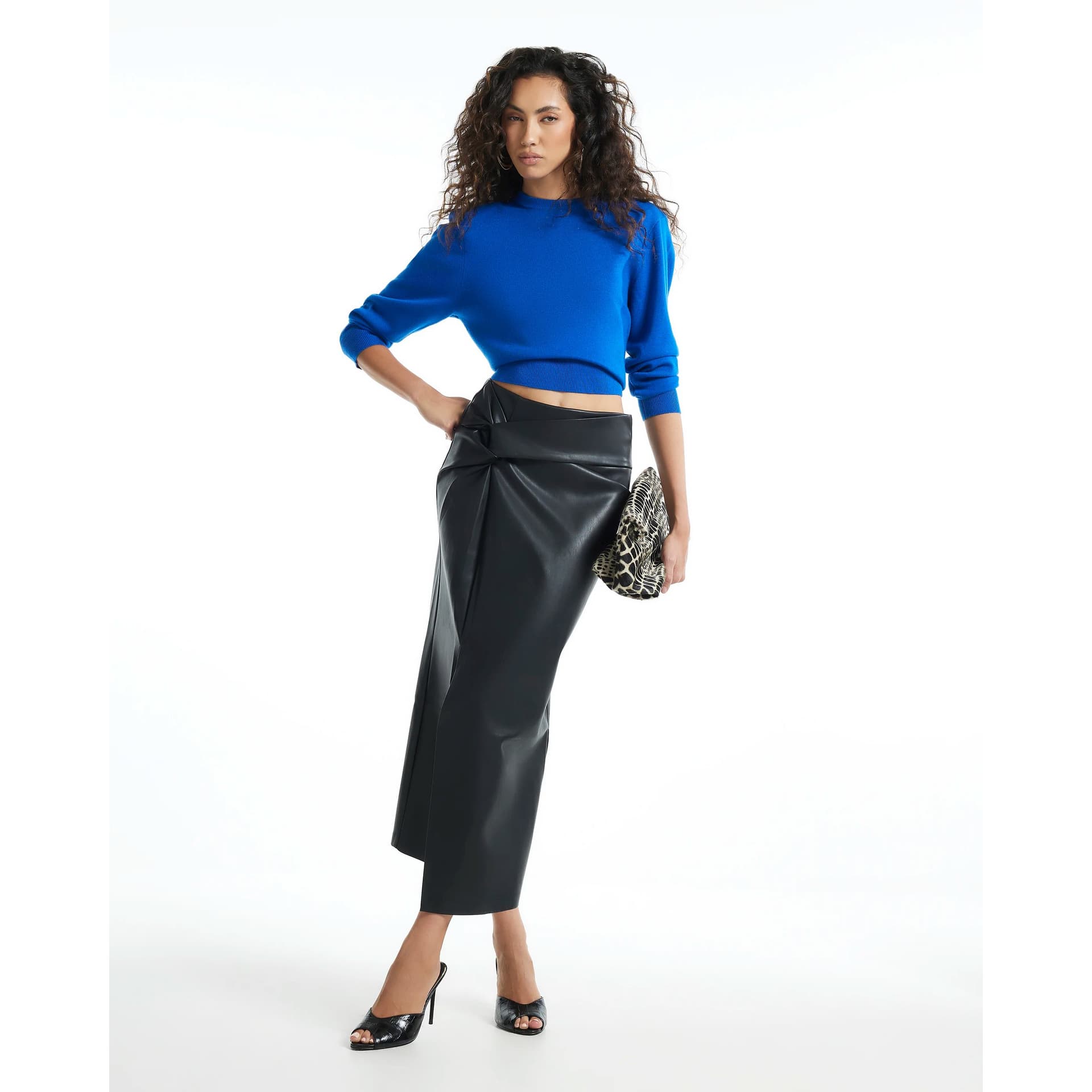 River Island River Island Womens Black Faux Leather Side Twist Midi Skirt