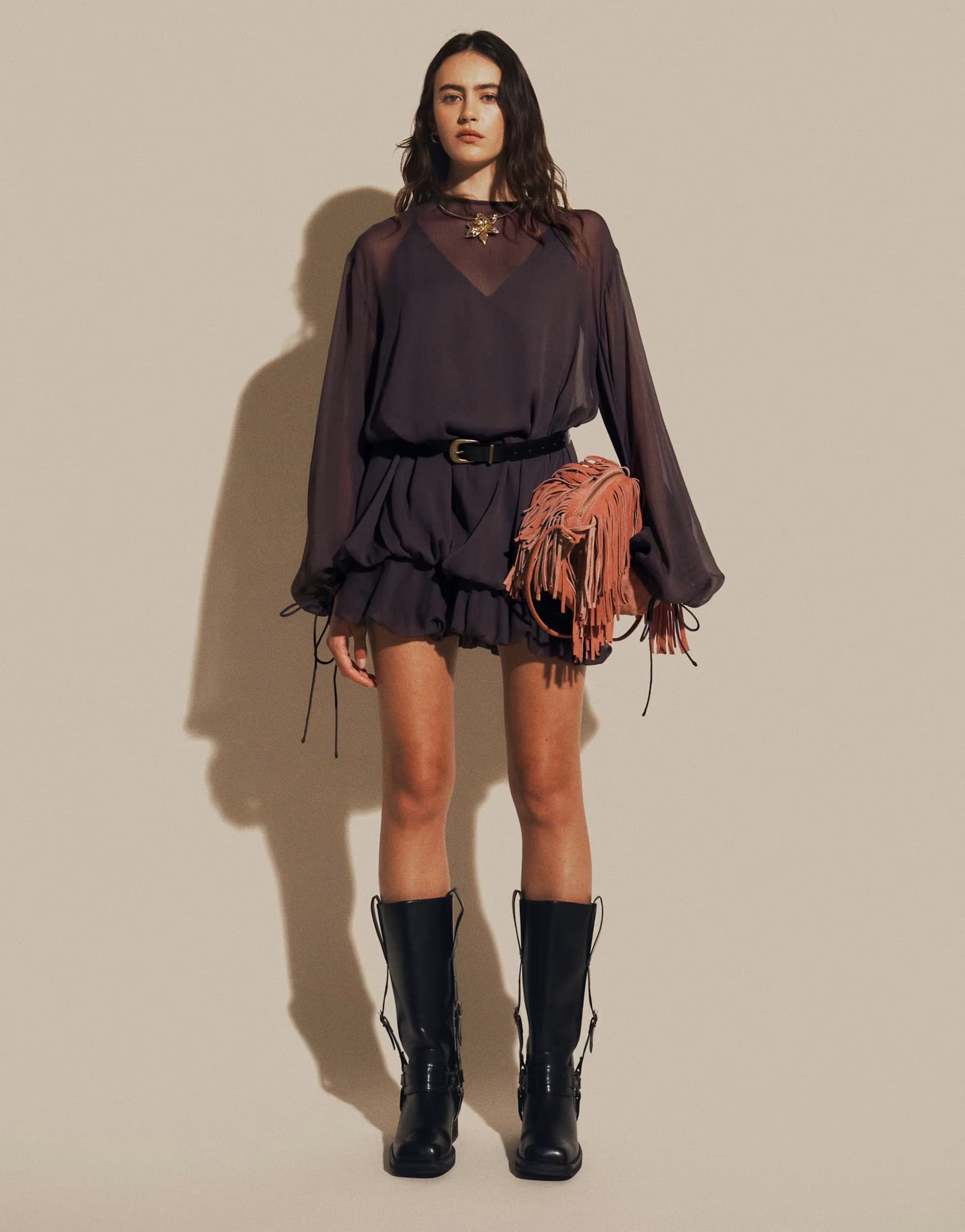 ASOS ASOS DESIGN high neck chiffon mini dress with blouson waist in chocolate brown