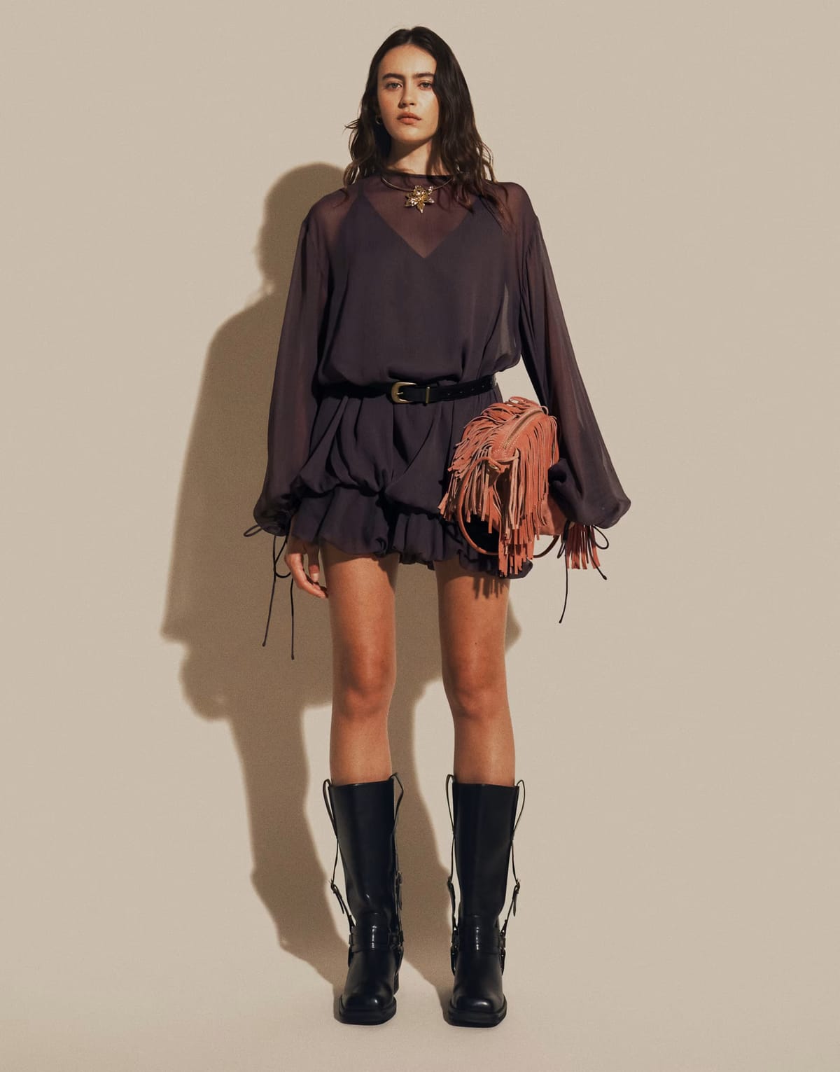 ASOS ASOS DESIGN high neck chiffon mini dress with blouson waist in chocolate brown - 1