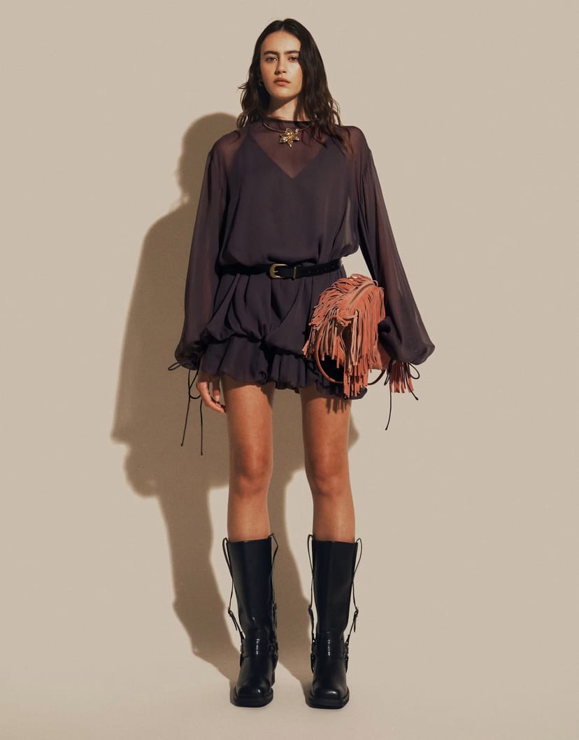 ASOS ASOS DESIGN high neck chiffon mini dress with blouson waist in chocolate brown - 1