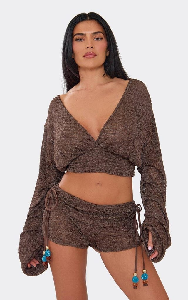 EGO Flare Ruched Sleeve Plunge Neck Shirred Detail Top In Brown Texture, Women's Size UK 8 - 2