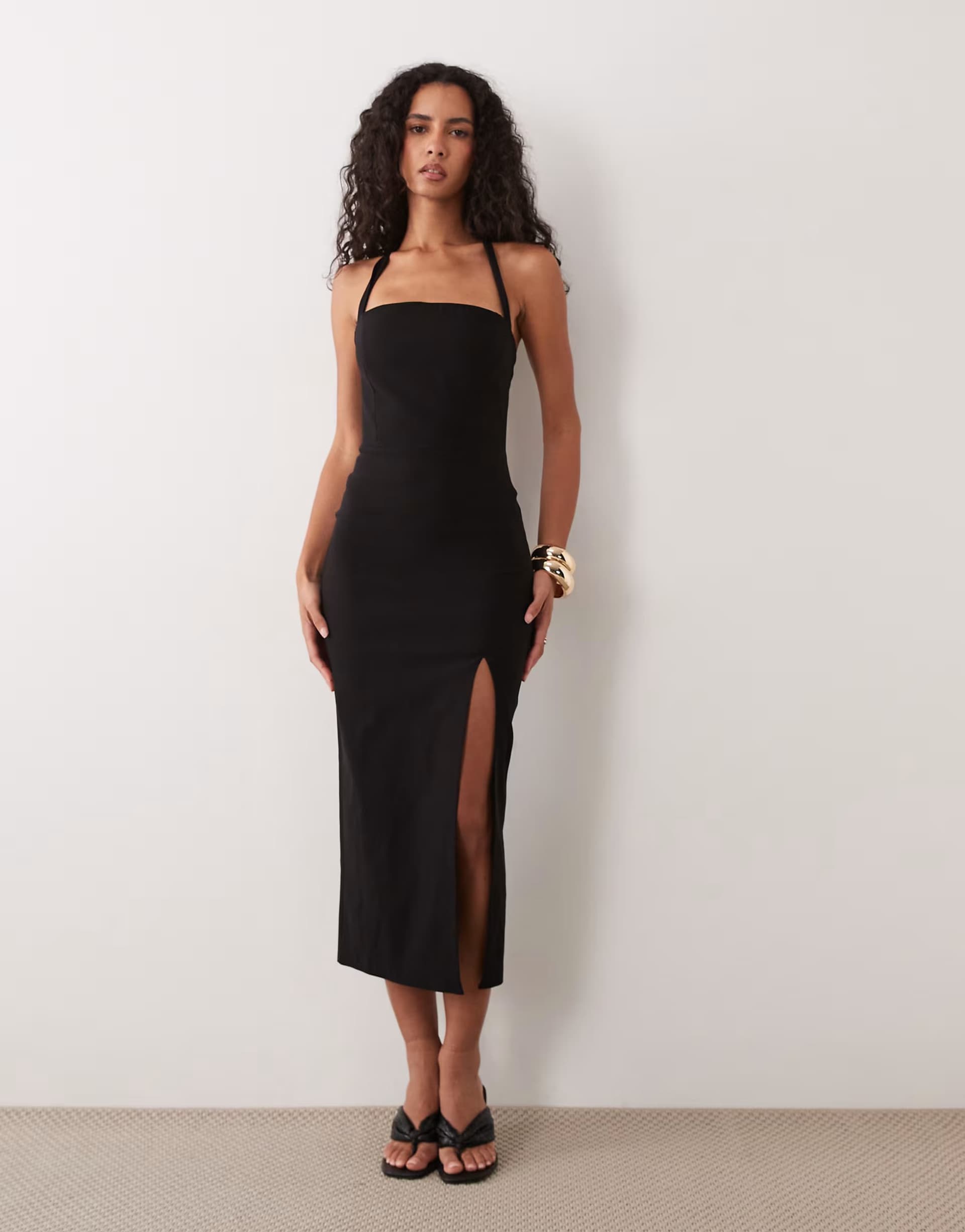 ASOS Vesper bengaline halterneck thigh split midi dress in black