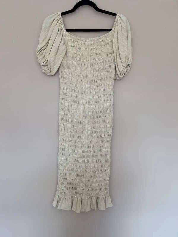 Never Fully Dressed Ruched Bardot puff sleeve midi dress