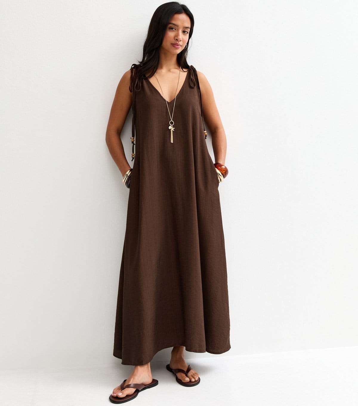 New Look Dark Brown Ruched Shoulder Smock Midi Dress