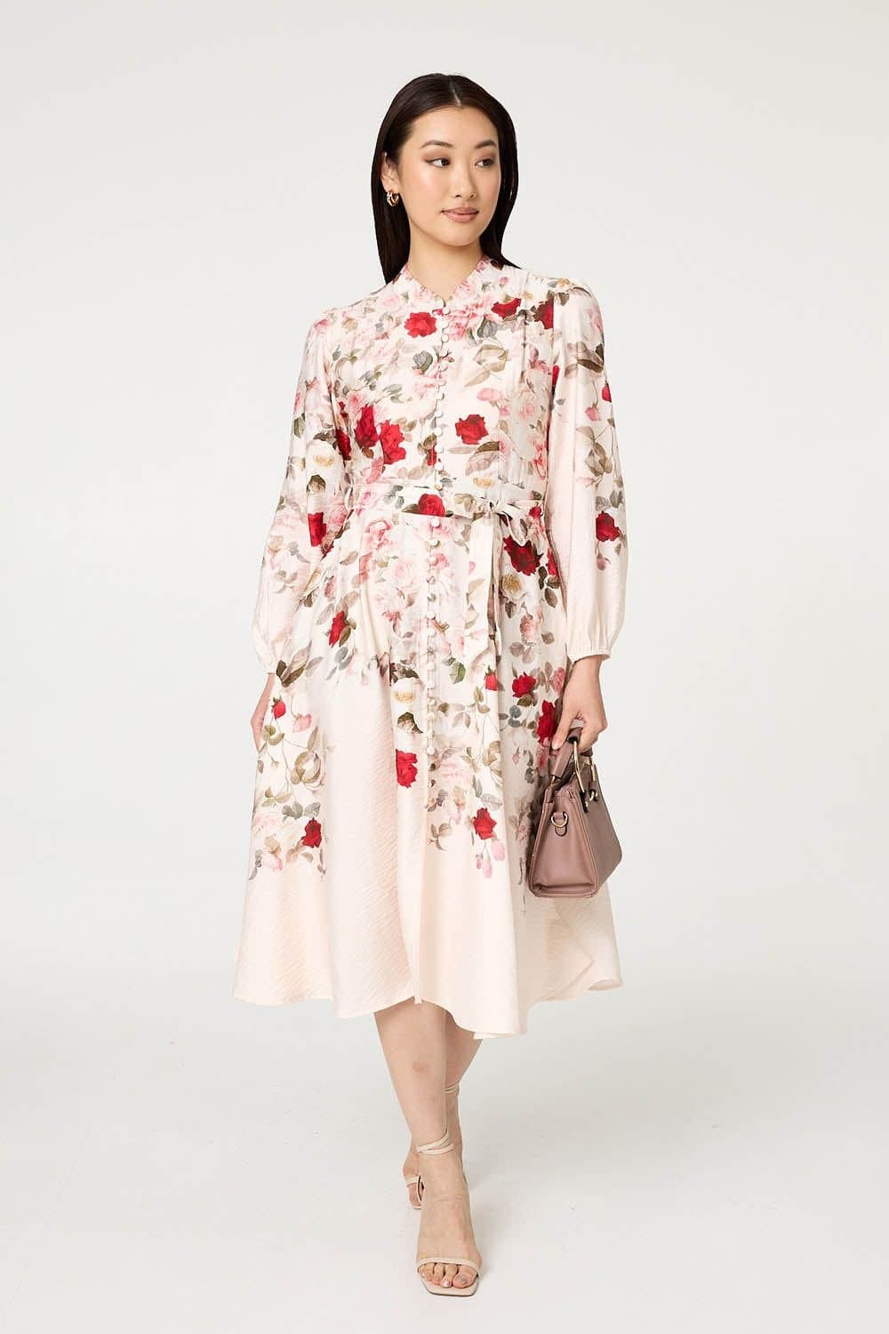 Izabel London Izabel London Women's Floral Tie Waist Long Sleeve Midi Dress in White