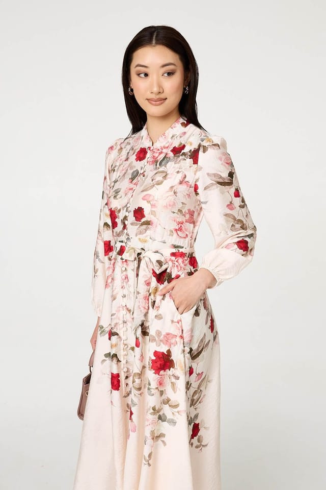 Izabel London Izabel London Women's Floral Tie Waist Long Sleeve Midi Dress in White - 2