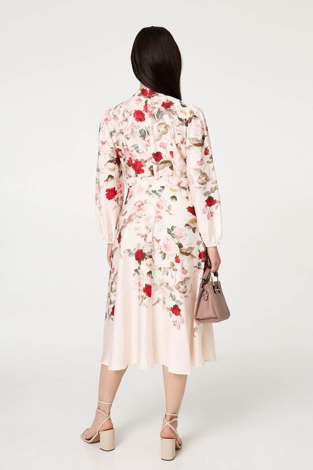 Izabel London Izabel London Women's Floral Tie Waist Long Sleeve Midi Dress in White - 3