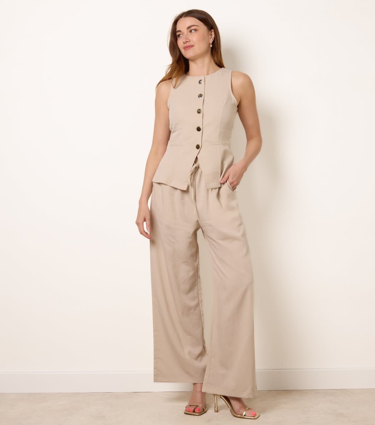 Blue Vanilla Women's Stone Button Vest and Trousers Set Blue Vanilla New Look